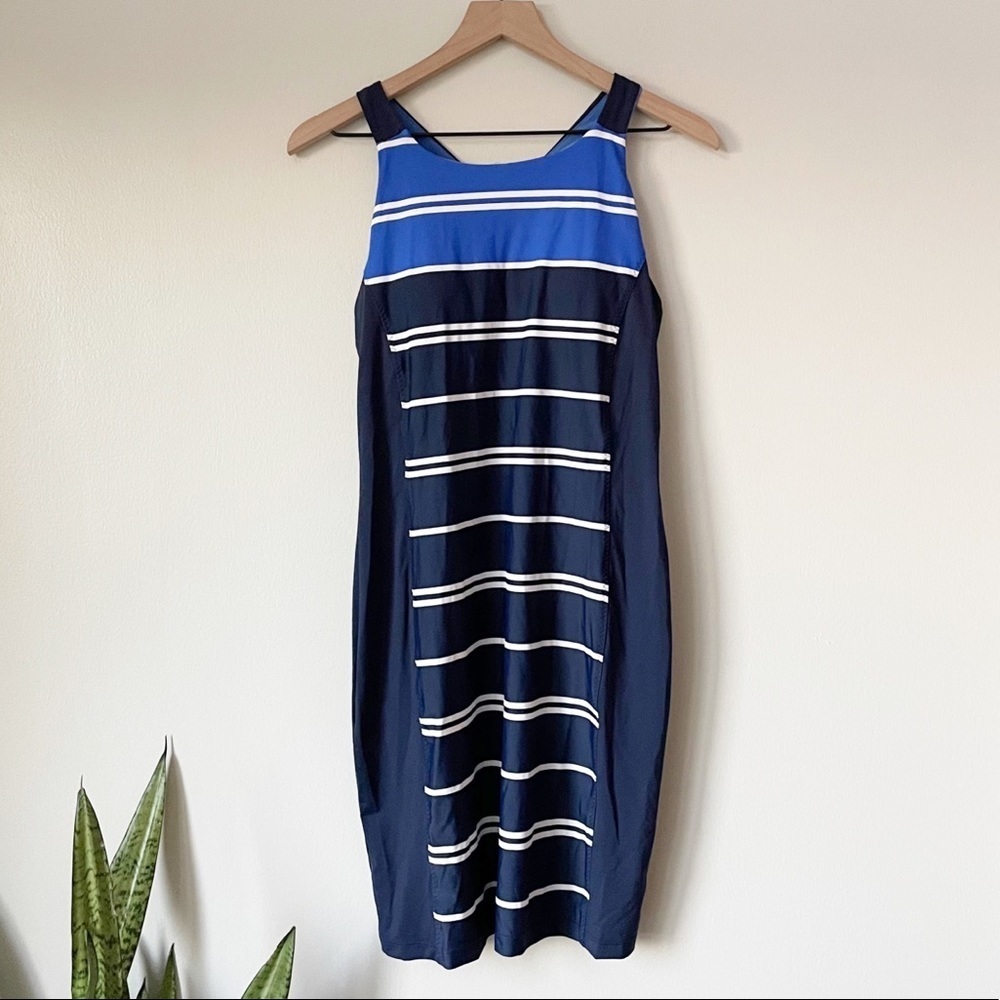 Athleta Caspian Blue Color Block Striped Racerback Swim Dress